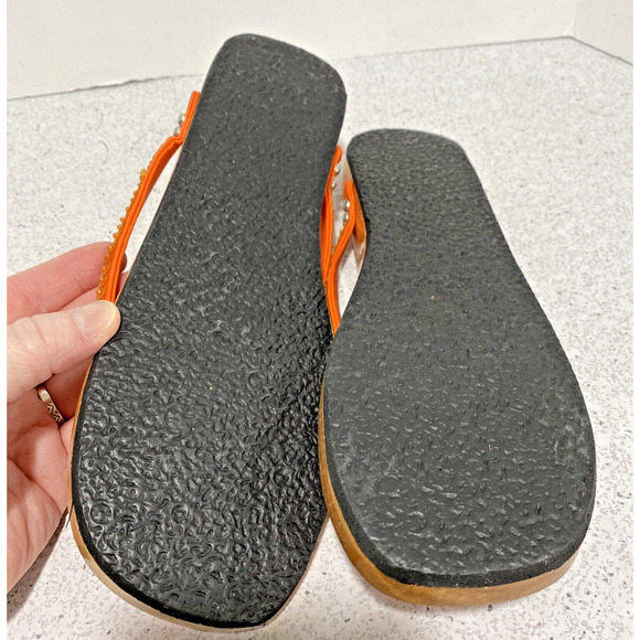 Zodax Plumeria Wooden Sole Thongs Sandals orange white clear sequins US size 8-9 - Picture 4 of 6